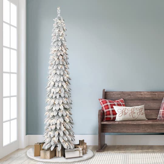 7ft. Pre-Lit Flocked Artificial Alpine Pencil Tree, Clear Lights